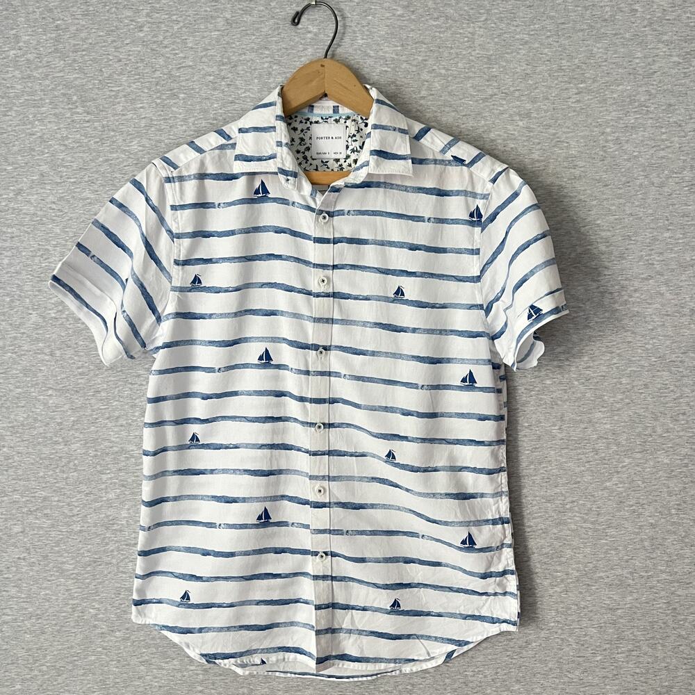 Porter & Ash Shirt Mens Small White Blue Striped Nautical Sailboat Cotton Summer